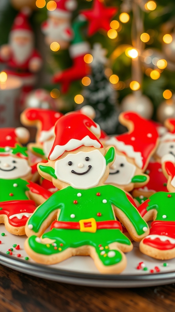 Colorful Christmas Elf Cookies on a festive plate, decorated with icing and sprinkles.